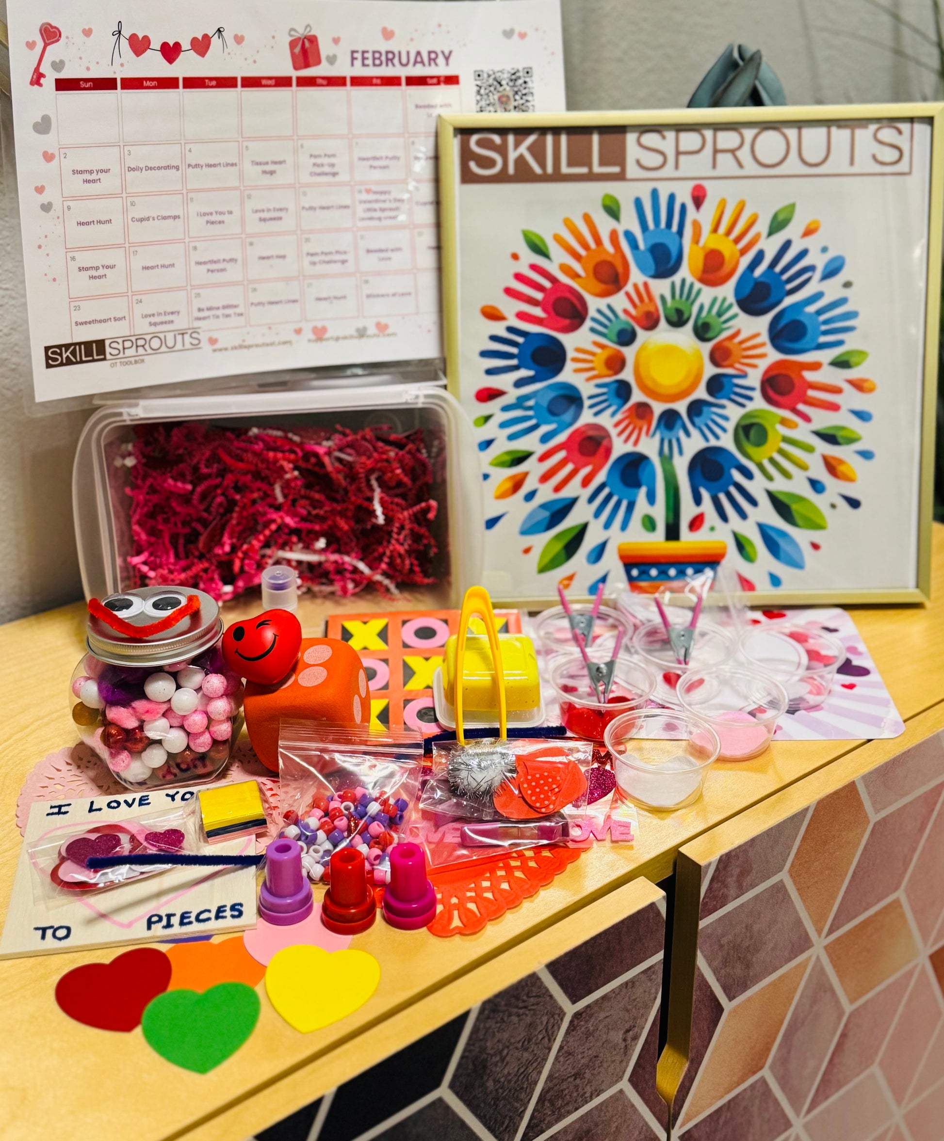 contents of february skillsprouts ot activity box  on a table   