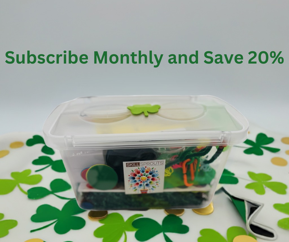 picture of march skillsprouts ot activity box  with text "subscribe monthly and save 20%"