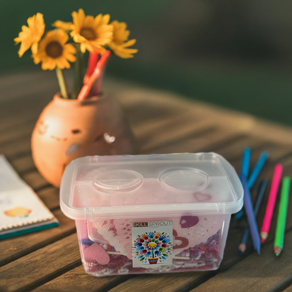 feburary skillsprouts ot activity box   laying on a wooden outdoor tables with a flower pot and colored pencils