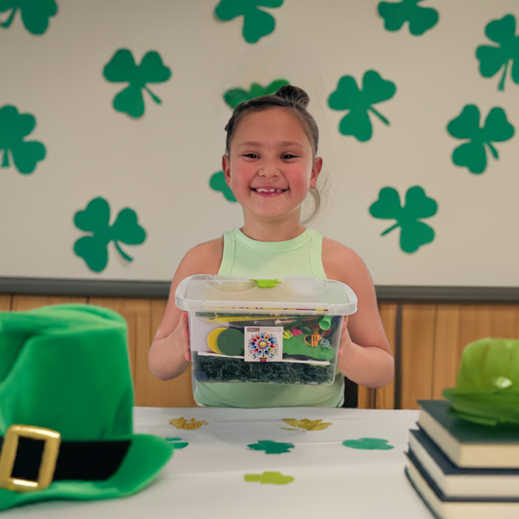 morgan holding up march skillsprouts ot activity box  with st patricks day themed background