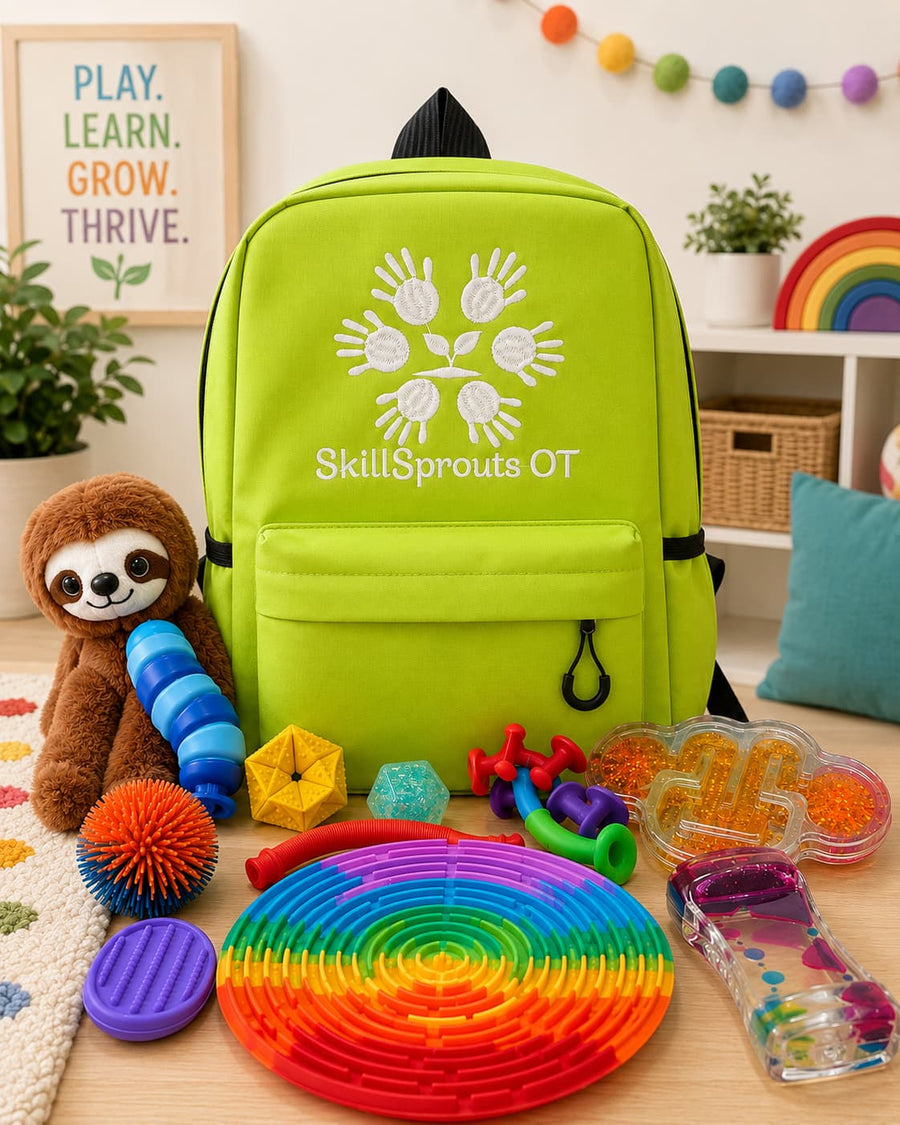 A bright lime green backpack with the white 'SkillSprouts OT' logo and handprint design, displayed in a child's playroom setting surrounded by colorful sensory toys and a plush sloth.