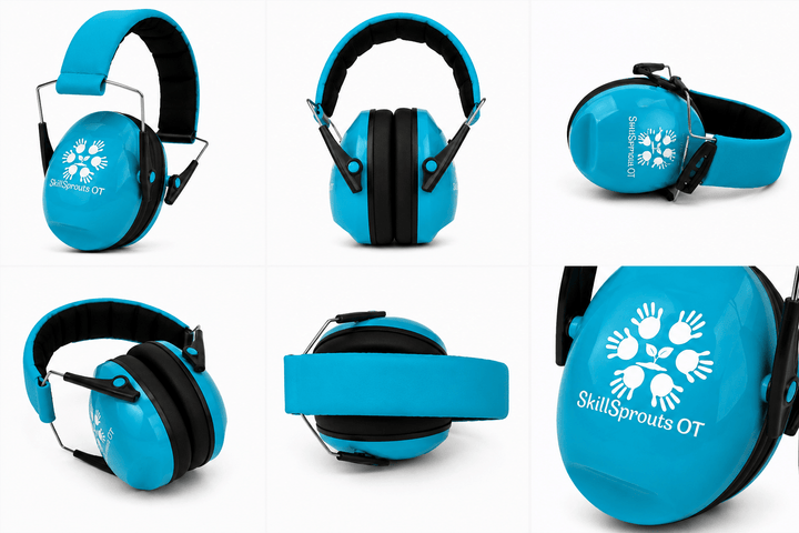 A set of bright blue and black over-ear hearing protection earmuffs shown from multiple angles on a white background. The earmuffs feature the white printed logo and text 'SkillSprouts OT' on the ear cup.