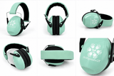 Six-panel product display of mint green and black over-ear hearing protection earmuffs, showing multiple angles including front, side, and close-up views. The earmuffs feature the white printed logo and text 'SkillSprouts OT' on the ear cup.