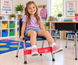 Young girl using a red SkillSprouts OT SproutBand™ Chair Wiggle Band while seated on a blue classroom chair.